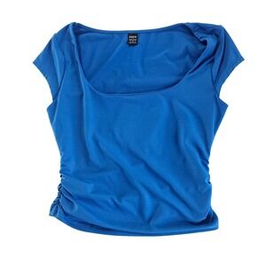 SHEIN Womens Blue Square Neck Top Small Ruched Short Sleeve Stretch Blouse